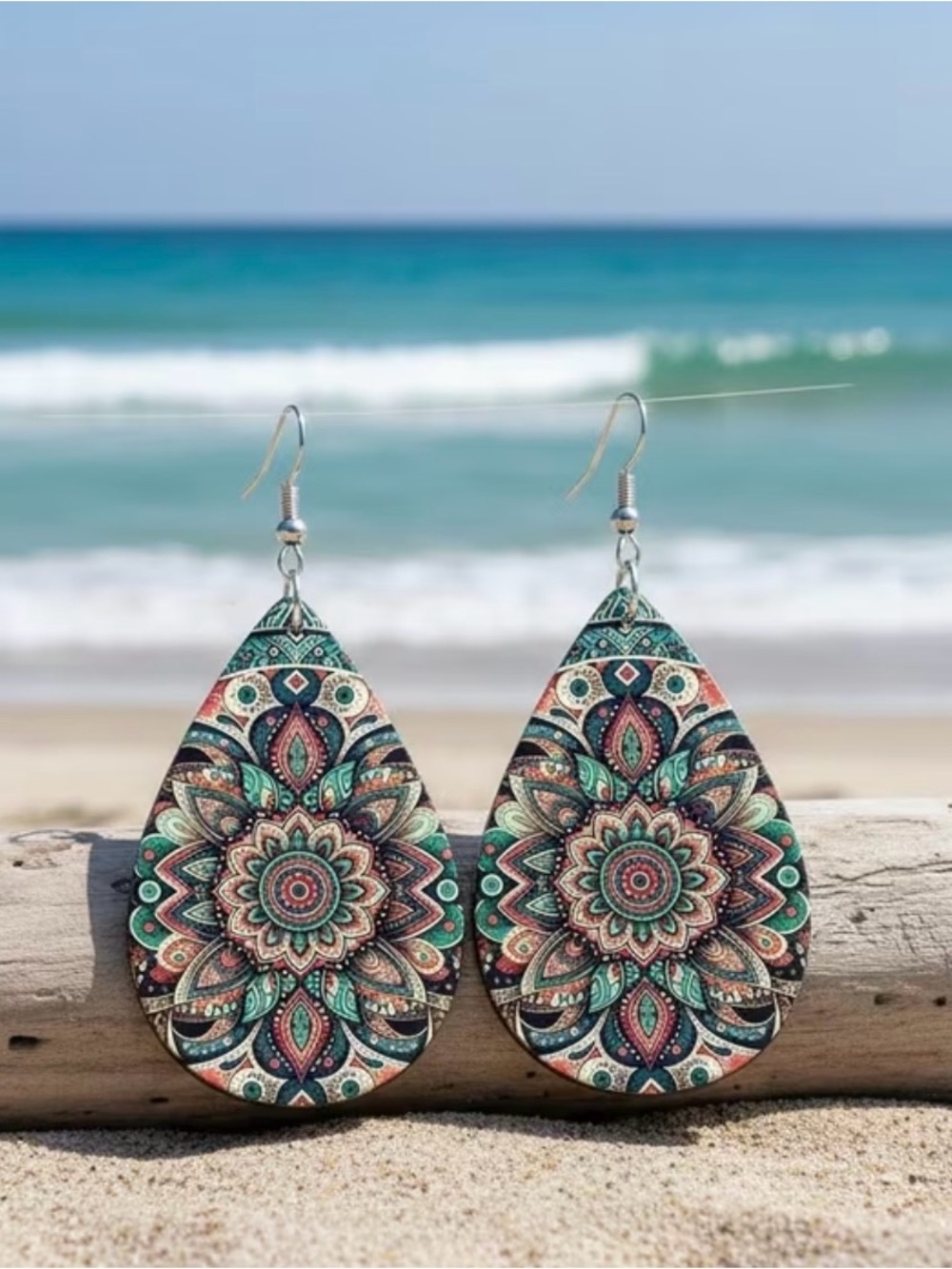 Boho Teardrop Mandala Earrings - Pink & Teal